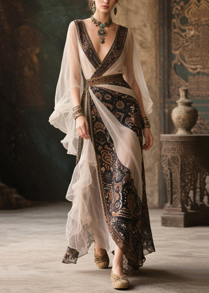 French Colorblock Asymmetrical Patchwork Tulle Dinner Dress Fall