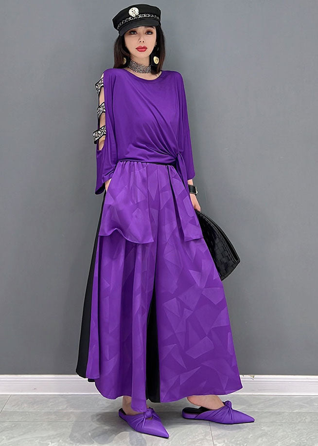 Novelty Purple Asymmetrical Design Patchwork Off the Shoulder Cotton Two Pieces Set Summer