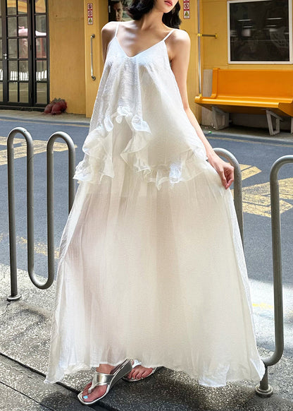 White Ruffled Patchwork Cotton Spaghetti Strap Dress Summer
