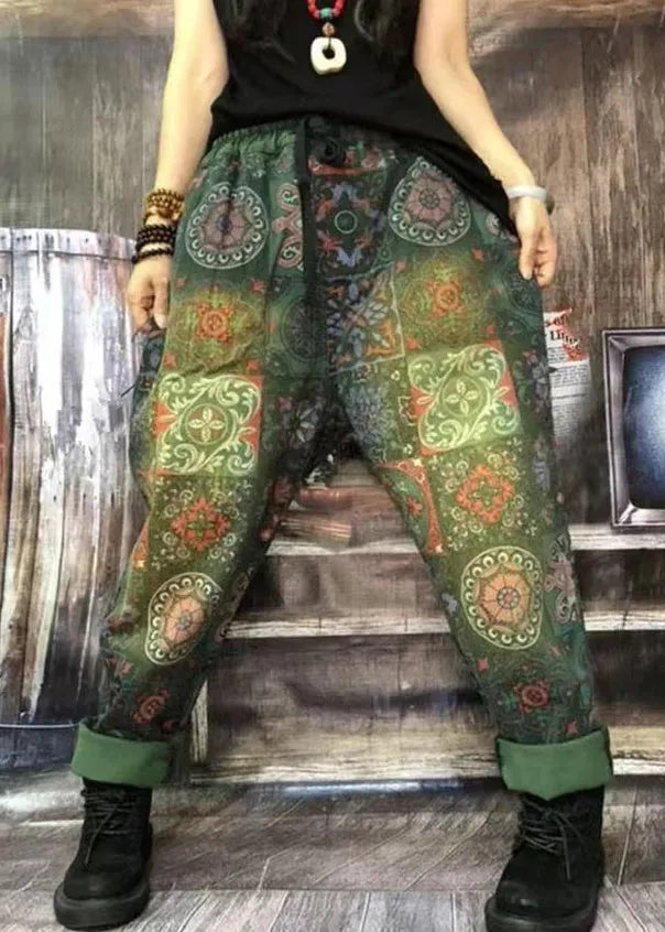Autumn New Green Print Denim Harlan Pants