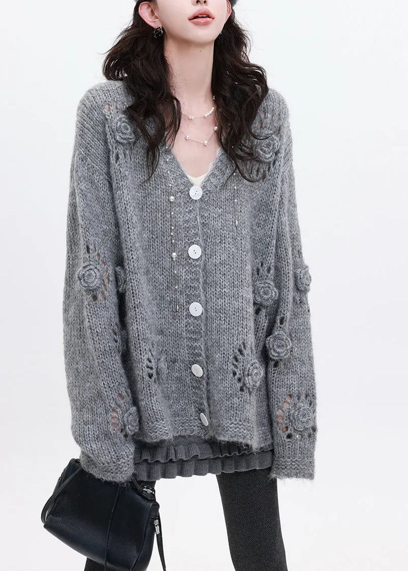 Grey Stereoscopic Knit Loose Coat Oversized Winter