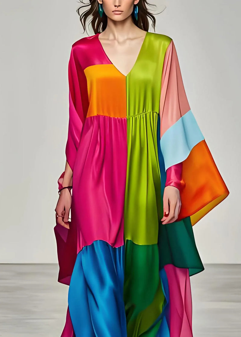 Colorblock V Neck Patchwork Silk Long Dress Summer