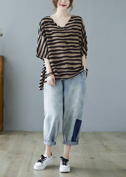 Khaki V Neck Bat Wing Sleeve Striped Print Fall Blouses