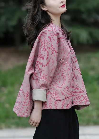 Red O-neck Print Cotton Coats Spring