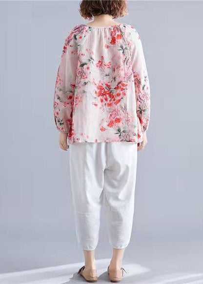 Blue V Neck Print Tops Lantern Sleeve