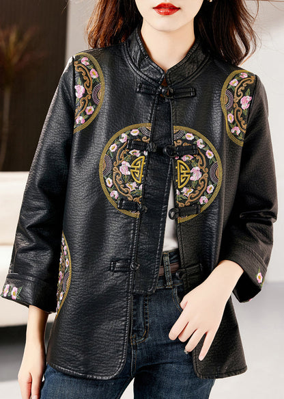 Loose Black Stand Collar Embroideried Chinese Button Faux Leather Jacket Fall