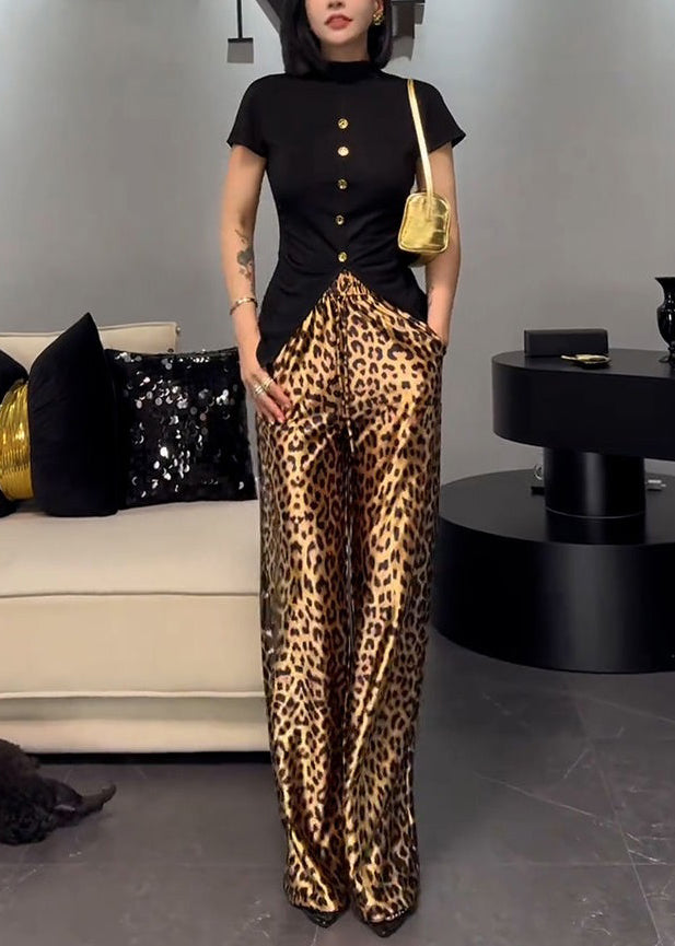 French Wear on Both Sides Tops and Leopard Pants Cotton Two-piece Set Summer