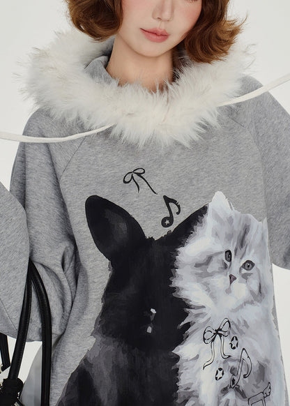 Italian Grey Hooded Print Cotton Pullover Winter