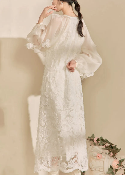 White V Neck Tulle Maxi Dresses Fall