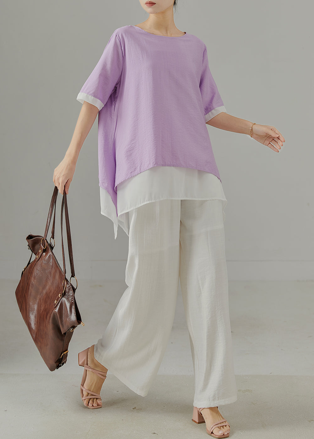Diy Purple Asymmetrical Patchwork Cotton Two-piece Set Summer