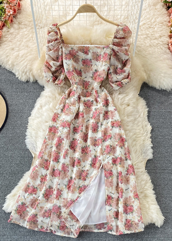 Apricot Square Collar Print Tunic Chiffon Maxi Dresses Short Sleeve