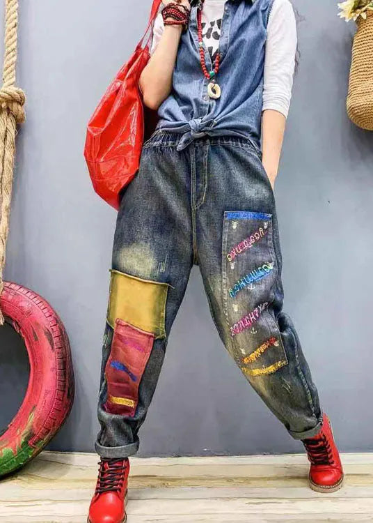 Blue Patch Applique Denim Harem Pants