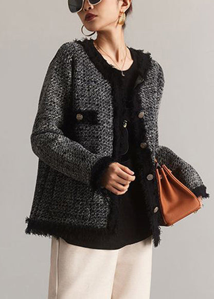 French Black O-neck Button Patchwork Cotton Coat Spring