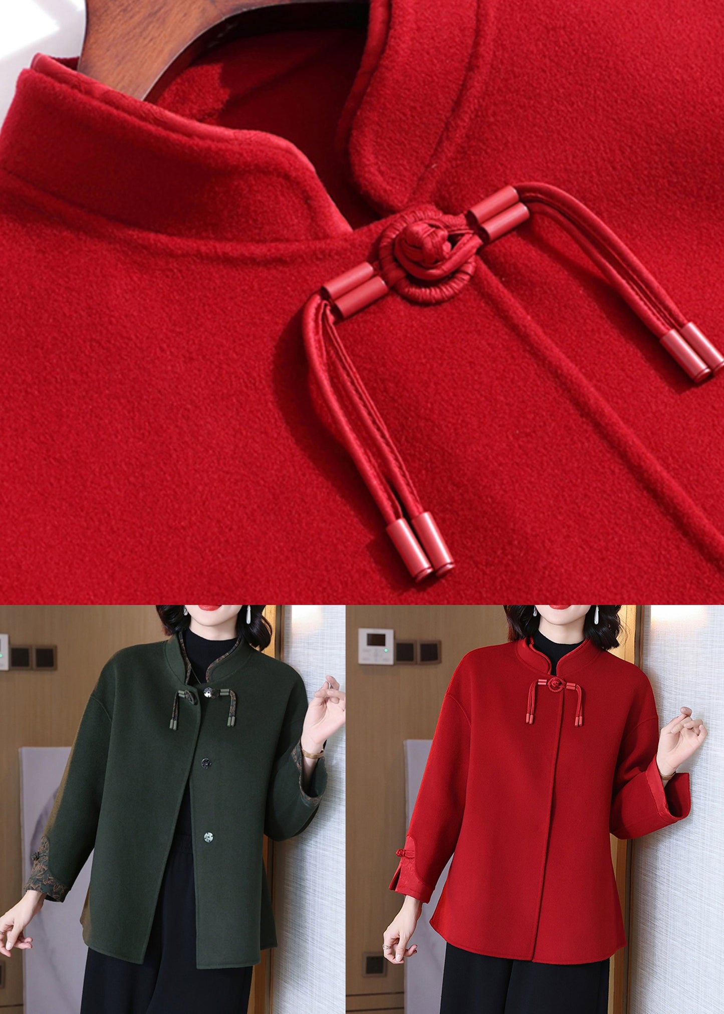 Blackish Green Button Wool Coat Long Sleeve