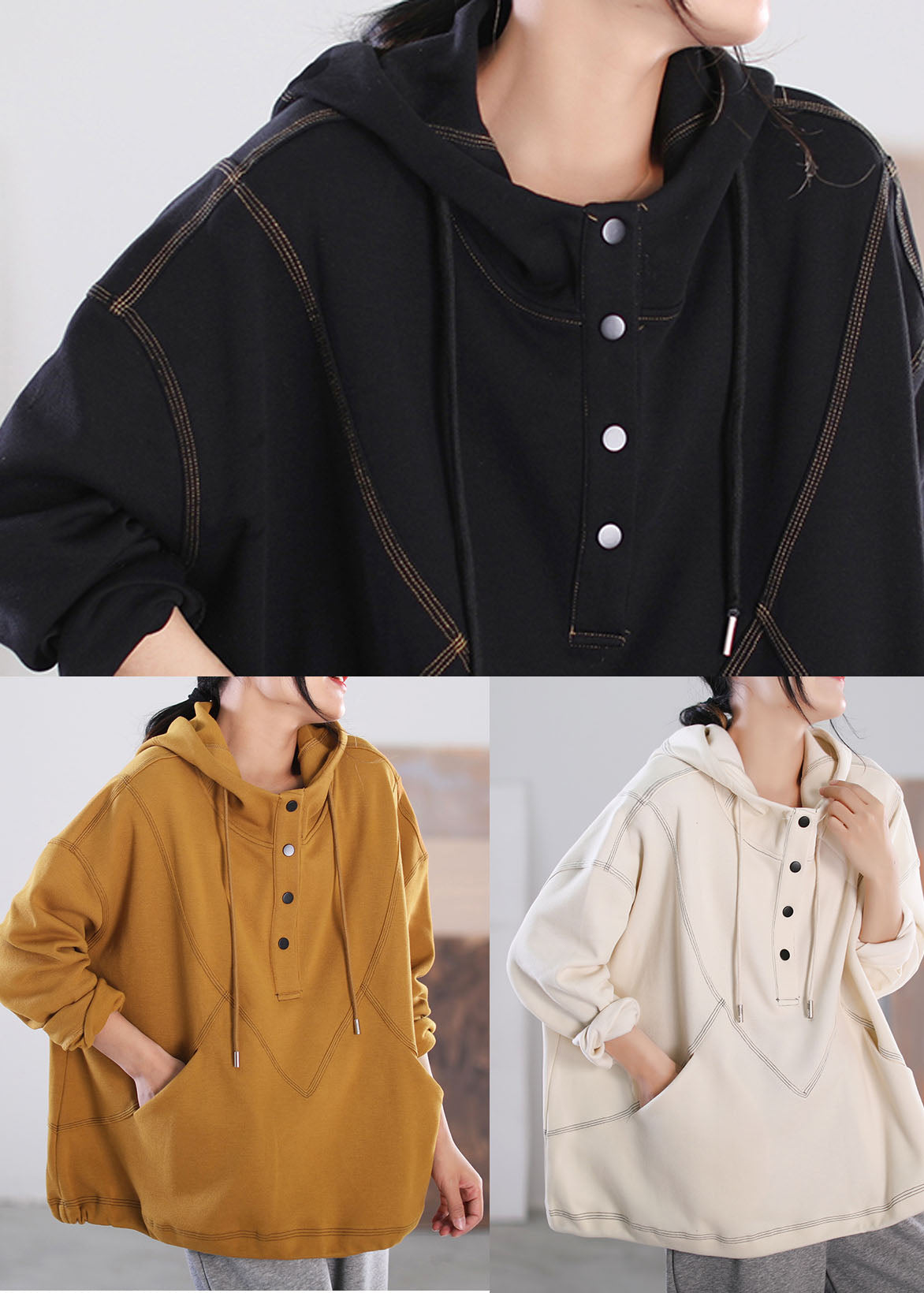 Stylish Black Hooded Pockets Cotton Sweatshirts Top Long Sleeve