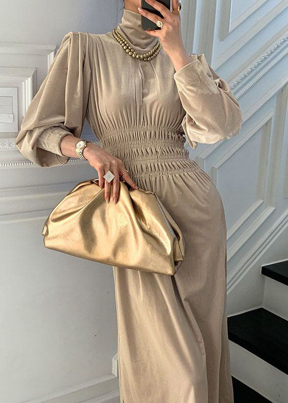 Simple Apricot Hign Neck Wrinkled Velour Maxi Dress Spring