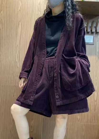 Purple Pockets Corduroy Two Piece Suit Set Spring