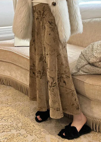 Art Khaki Print High Waist Silk Velvet Skirts Fall