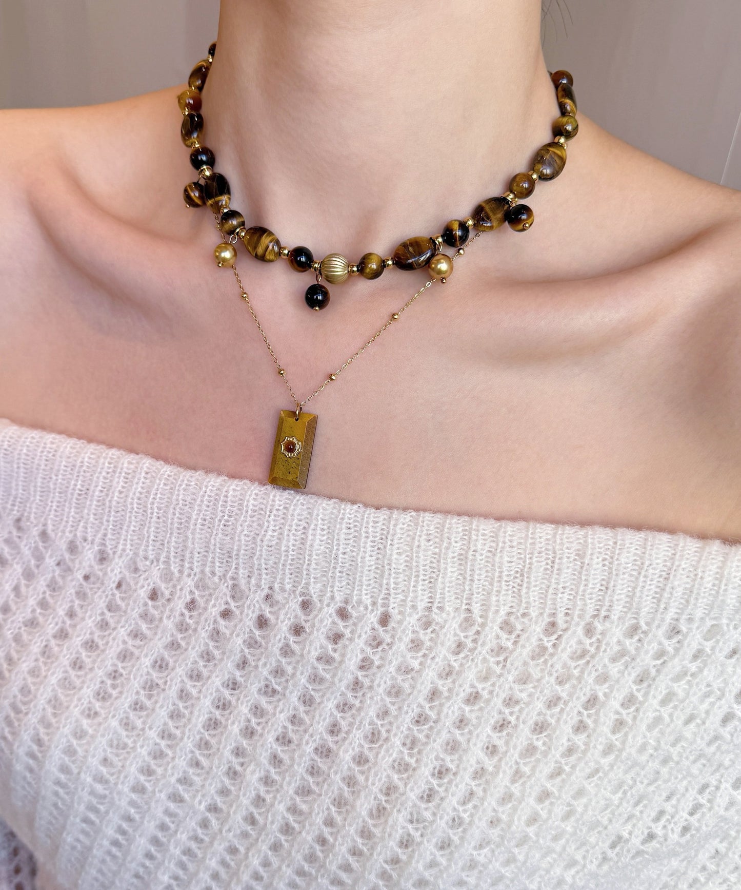 Brown Tiger's Eye Stringing Beads Layering Alloy Two Piece Set Necklace