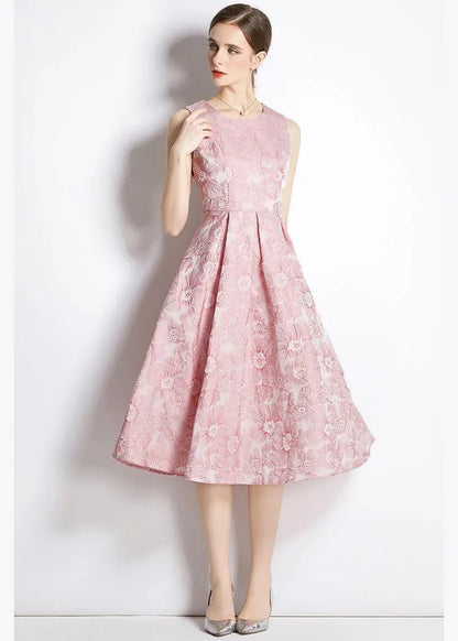 Pink Jacquard Exra Large Hem Silk Holiday Dress Sleeveless