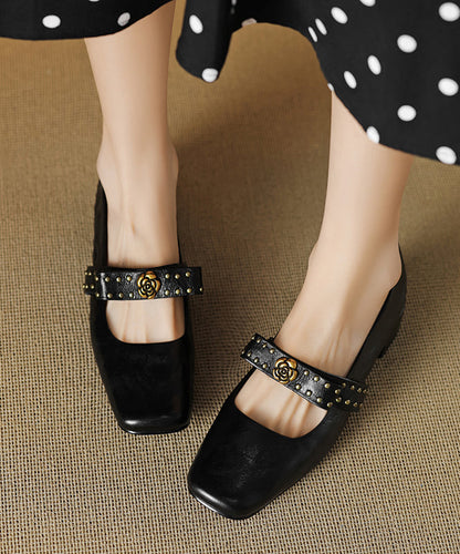 Bow Rivet Splicing Chunky Loafer Shoes Black Sheepskin