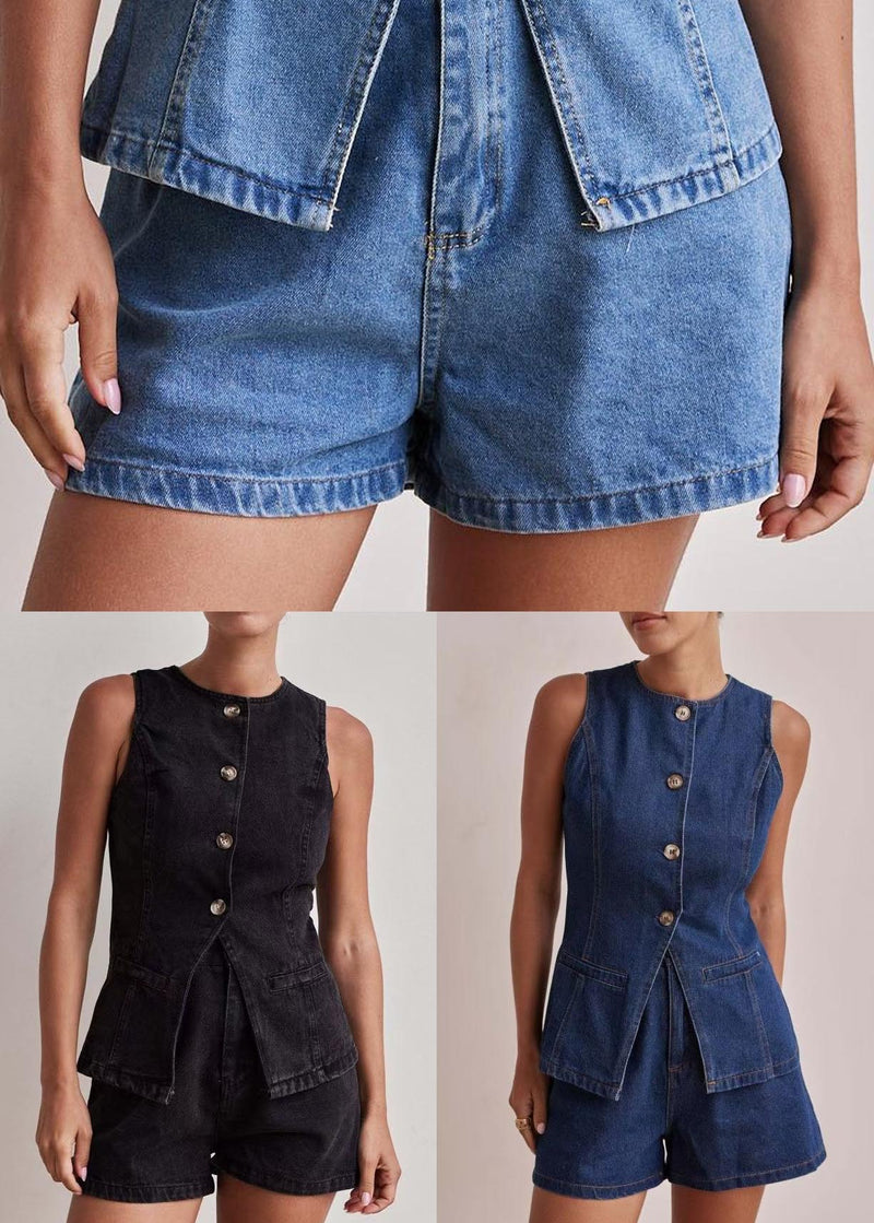 Navy Silm Fit Denim Two Piece Set Clothing Side Open Sleeveless