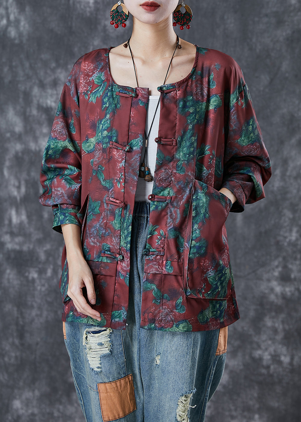 Mulberry Chinese Button Print Cotton Shirt Top Fall
