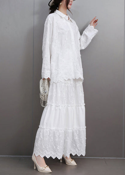 Boutique White Embroidered Lace Shirts and Maxi Skirts Two Pieces Set Flare Sleeve