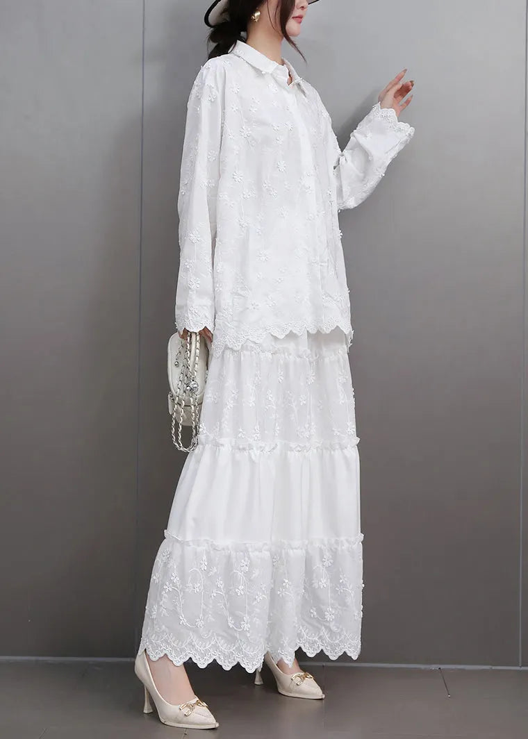 Boutique White Embroidered Lace Shirts and Maxi Skirts Two Pieces Set Flare Sleeve