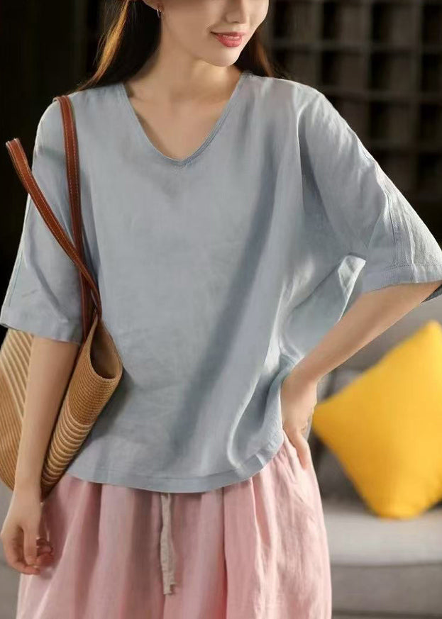 Light Blue V Neck Linen T Shirt Half Sleeve