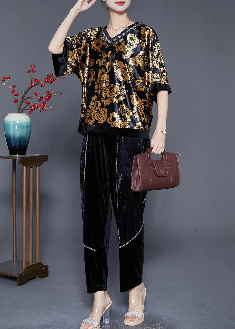 Diy Golden Oversized Zircon Silk Velour Two Pieces Set Summer