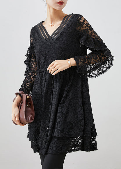Black Silm Fit Lace a Line Dress Tie Waist Fall
