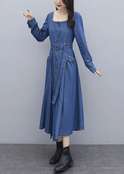 Italian Blue Square Collar Button Pockets Sashes Cotton Denim Long Dresses Long Sleeve