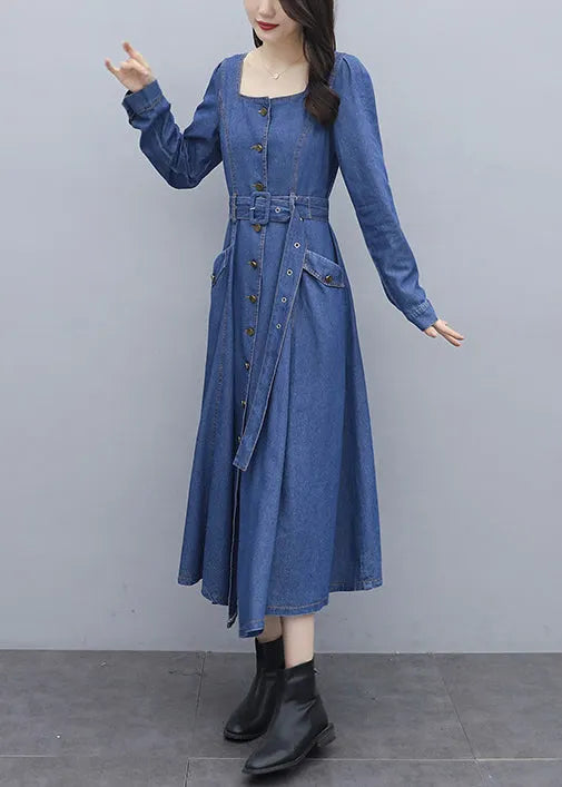 Italian Blue Square Collar Button Pockets Sashes Cotton Denim Long Dresses Long Sleeve