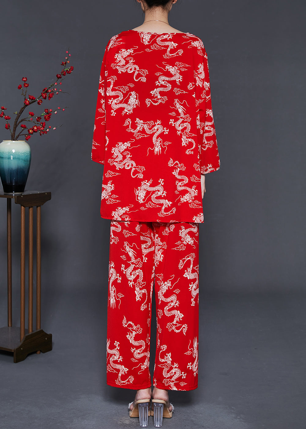 Red Dragon Print Cotton Sets 2 Pieces Summer
