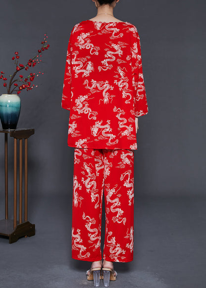 Red Dragon Print Cotton Sets 2 Pieces Summer