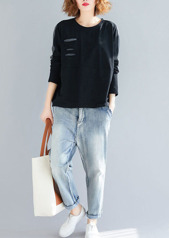 Stylish Black O-neck Patchwork Ripped Cotton Sweatshirts Tops Spring