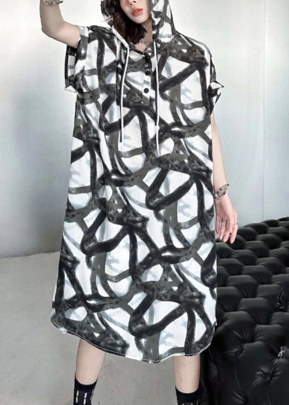 Black Hooded Print Patchwork Silk Cotton Long Dress Summer