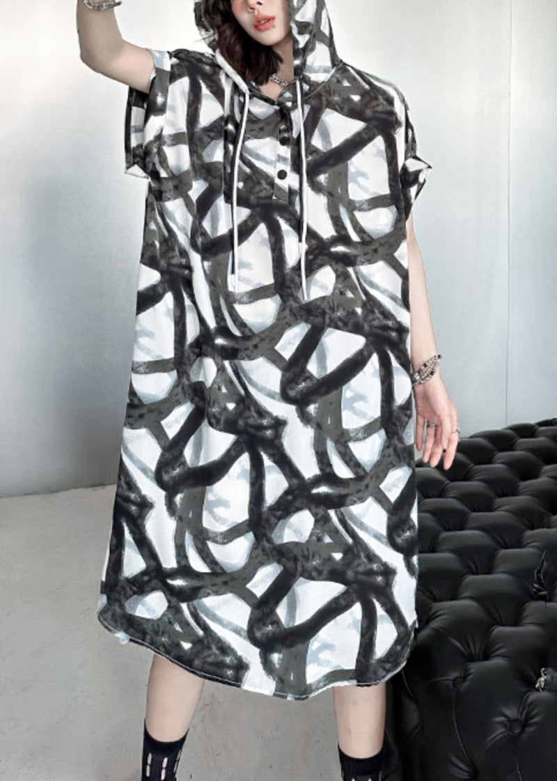 Black Hooded Print Patchwork Silk Cotton Long Dress Summer