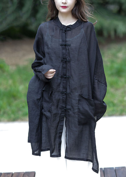 Black Oversized Side Open Linen Upf 50+ Long Shirt Spring