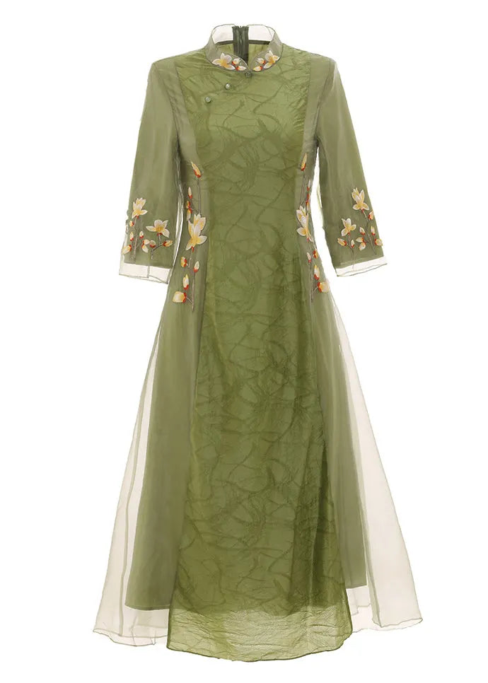 Green Stand Collar Embroideried Button Tulle Silk Dress Long Sleeve