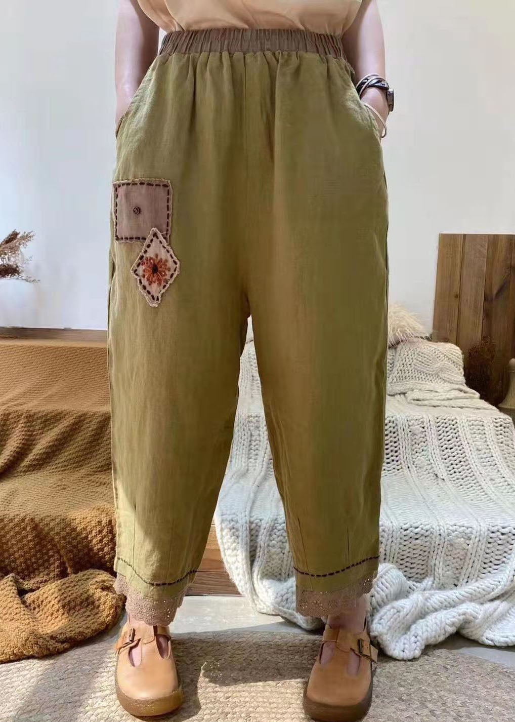 Fine Purple Pockets Patchwork Cotton Harem Pants Spring
