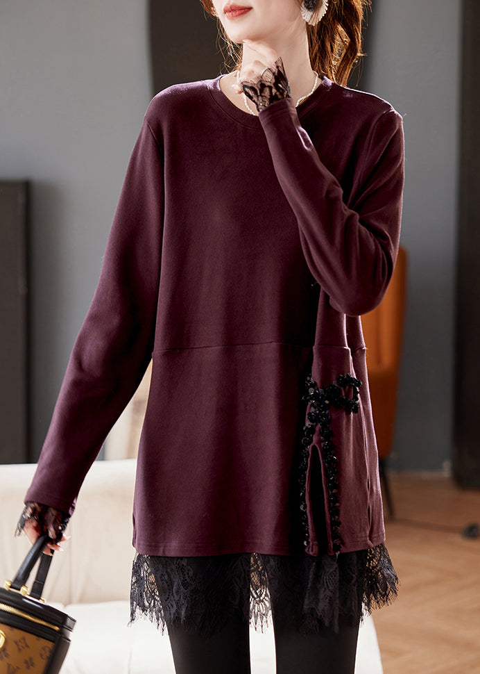 Purple Sequins Lace Patchwork T Shirt Spring
