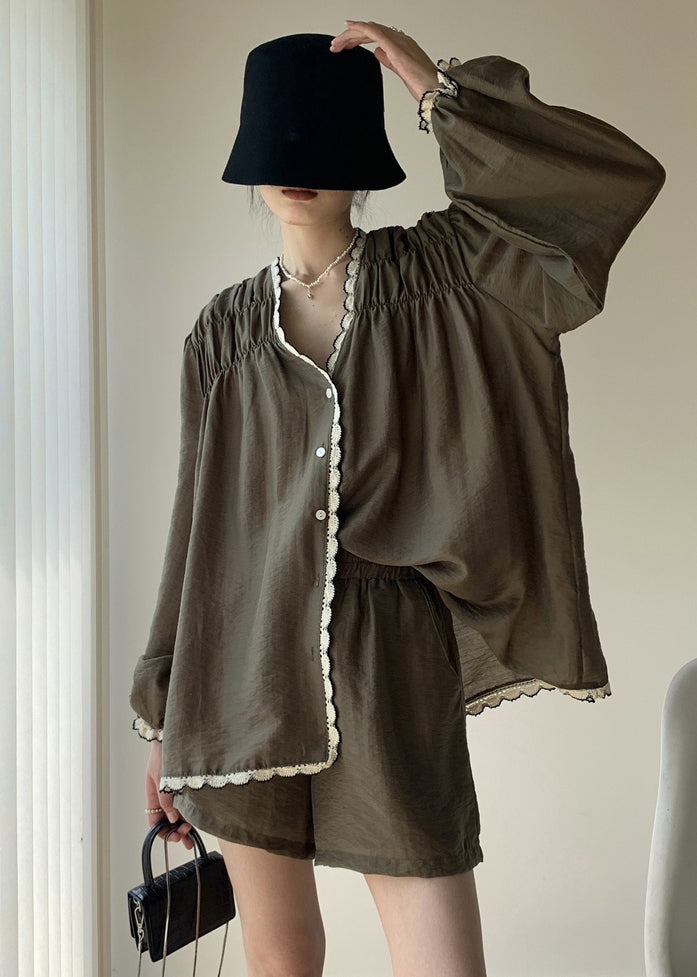 Green V Neck Wrinkled Patchwork Cotton Two Pieces Set Summer