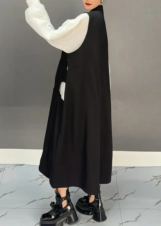 Black Zippered Patchwork Hollow Out Long Waistcoat Dress Spring