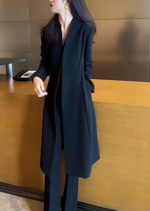 Formal Black Slim Fit Spandex Trench and Flared Trousers Two Pieces Set Spring