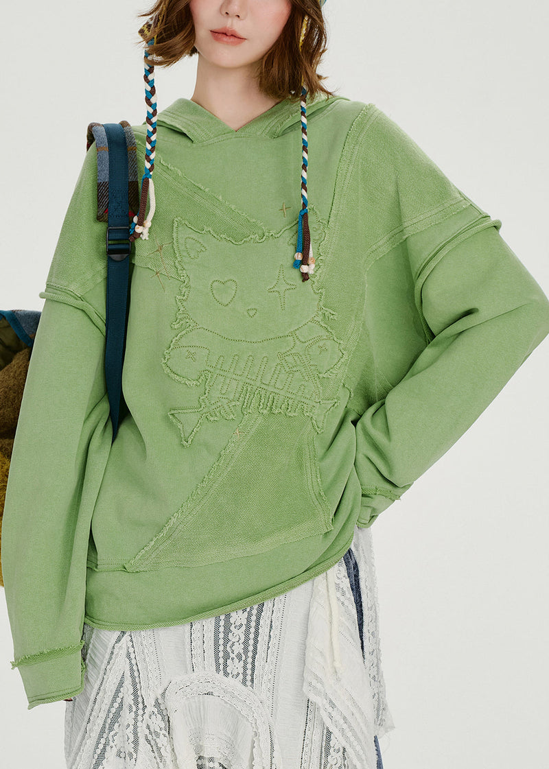 French Green Embroidered Hooded Cotton Loose Sweatshirts Top Spring