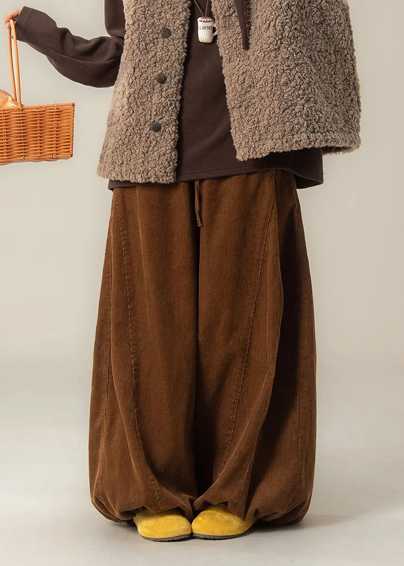 Brown Oversized Drawstring Corduroy Wide Leg Pants Spring