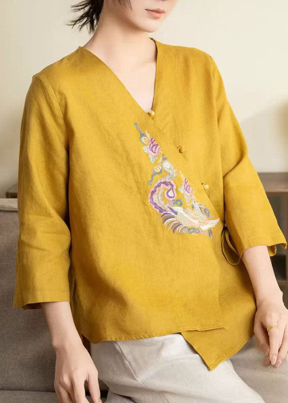 Yellow Embroidered Lace Up Linen Shirts Spring
