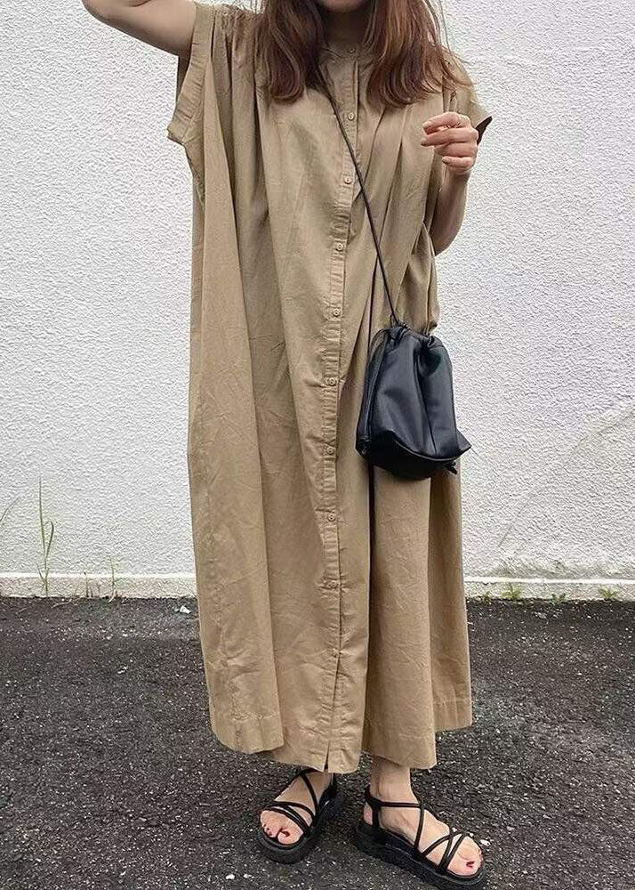 Easy Khaki Button Cotton Long Dress Short Sleeve